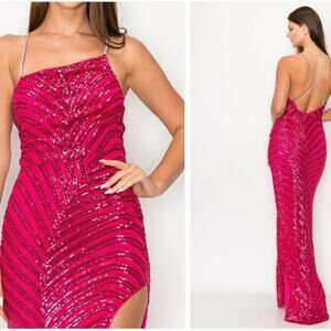 Minuet Formal Dress Size Large Pink Sequin Glam Low Back Prom Cruise Gala NWT